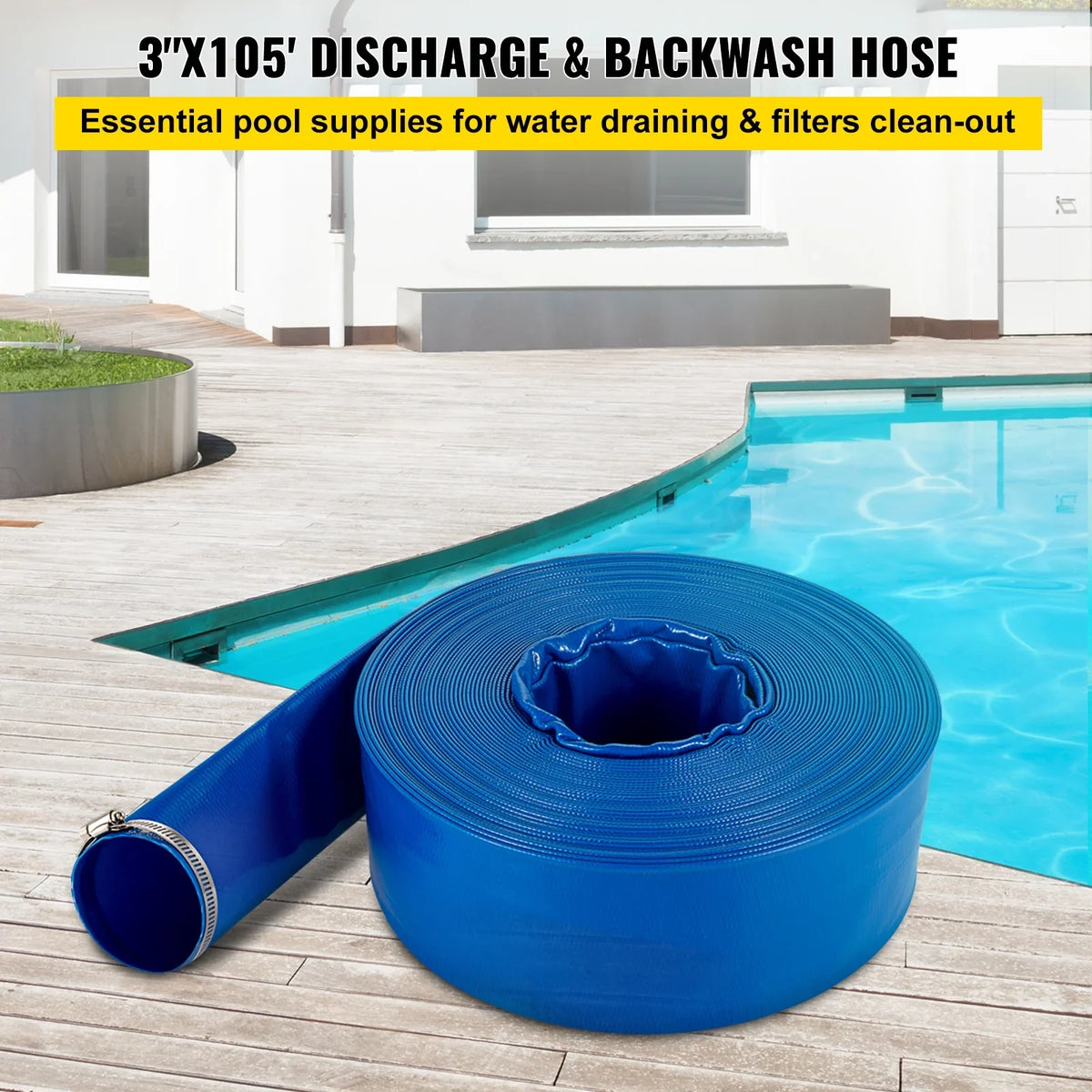 VEVOR Discharge Hose, 3" x 105', PVC Fabric Lay FLatitude Hose, Heavy Duty Backwash Drain Hose with Clamps, Weather-proof & Burst-proof, Ideal for Swimming Pool & Water Transfer, Blue
