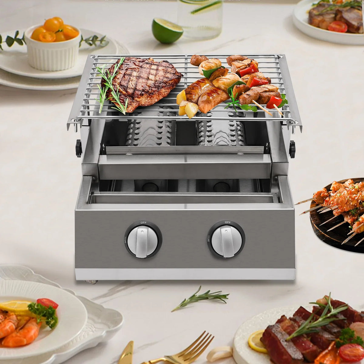 Countertop Barbeque Grill, LPG Gas 2-Burner Stainless Steel Grill for Outdoor Sliver