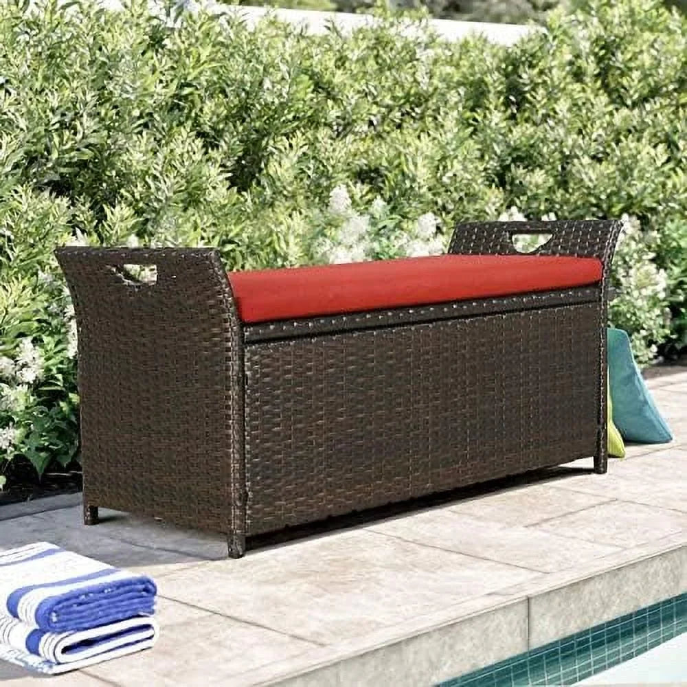 YPZBBOOM Outdoor Deck  Box  Patio Wicker  Bench  Rattan  Bins with Cushion (Red)