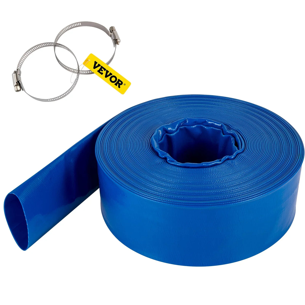 VEVOR Discharge Hose, 3" x 105', PVC Fabric Lay FLatitude Hose, Heavy Duty Backwash Drain Hose with Clamps, Weather-proof & Burst-proof, Ideal for Swimming Pool & Water Transfer, Blue