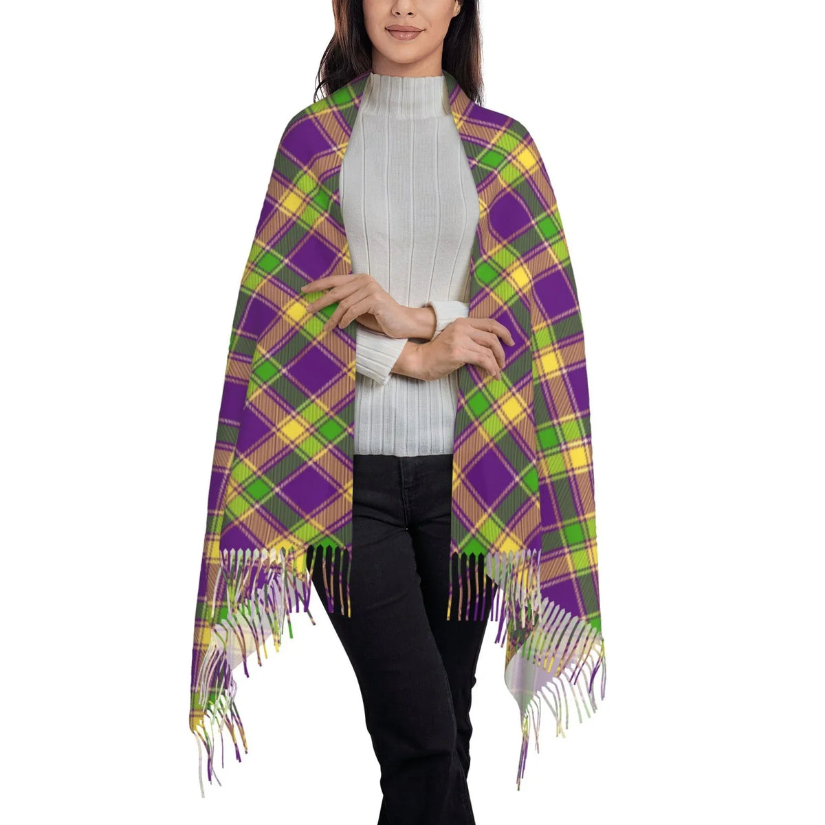 Bingfone Soft Cashmere Feel Scarf For Women Elegant Art Print Winter Warm Scarves Large Shawl Wrap Gifts- Mardi Gras Plaid