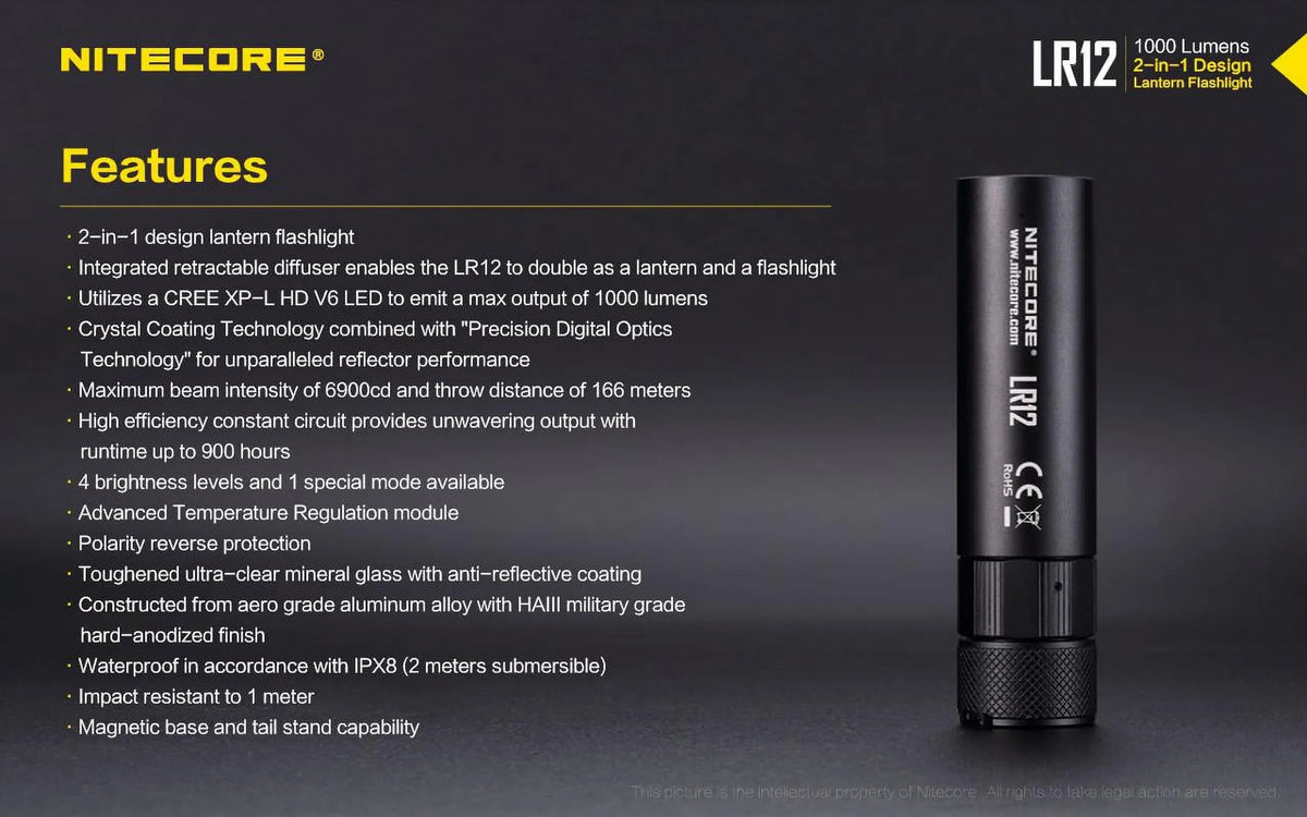NITECORE LR12 MINI HANDHELD 2-IN-1 LANTERN  and  FLASHLIGHT - 1000 Lumen w/Free Eco-Sensa Battery Case