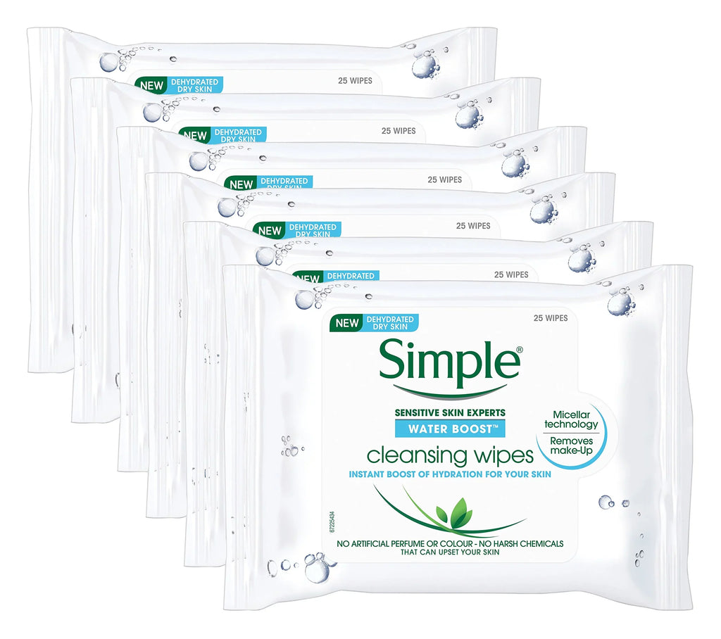 Simple Water Boost Hydrating Cleansing Wipes - 25 Wipes X 6 Pack (150 Wipes)