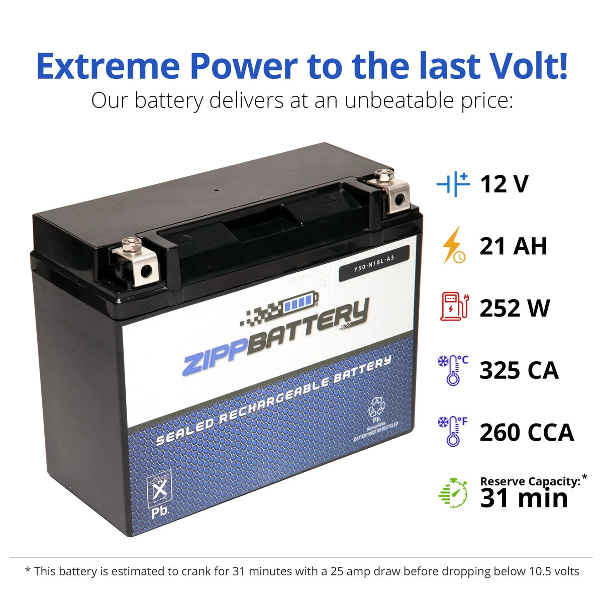 Zipp Battery Y50-n18l-a3 (50-n18l-a3 12 Volt,20 Ah, 260 Cca) Snowmobile Battery for Arctic Cat Bearcat 570 2006