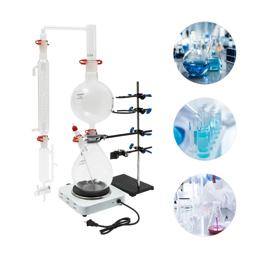 Miumaeov 2000ML Essential Oil DistilLatitudeion Apparatus with Condenser + Hot Stove + Essential Oil Separator Lab Glass DistilLatitudeion Kit Steam Water Distiller Purifier