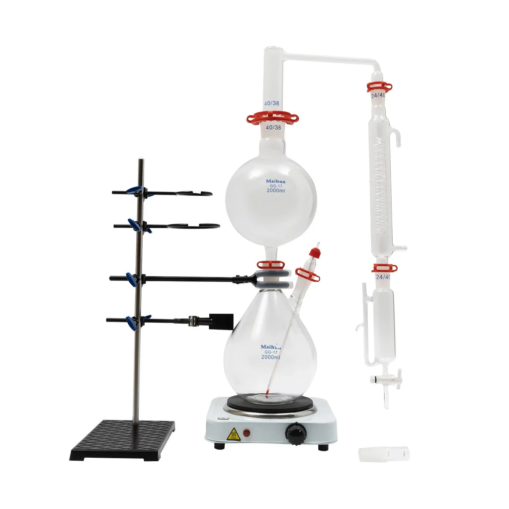 Miumaeov 2000ML Essential Oil DistilLatitudeion Apparatus with Condenser + Hot Stove + Essential Oil Separator Lab Glass DistilLatitudeion Kit Steam Water Distiller Purifier
