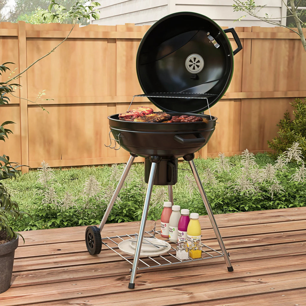 CoSoTower 21" Kettle Charcoal BBQ Grill Trolley with 360 Sq.In. Cooking Area, Outdoor Barbecue with Shelf, Wheels, Ash Catcher and Built-In Thermometer for Patio, Backyard Party, Green